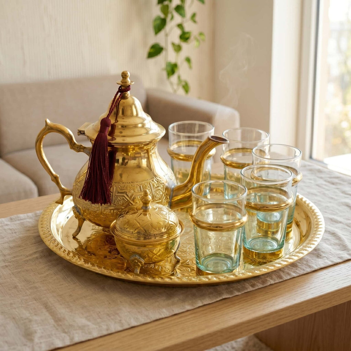 Brass Moroccan tea set, 9-piece with sugar bowl and aqua glasses — image 7