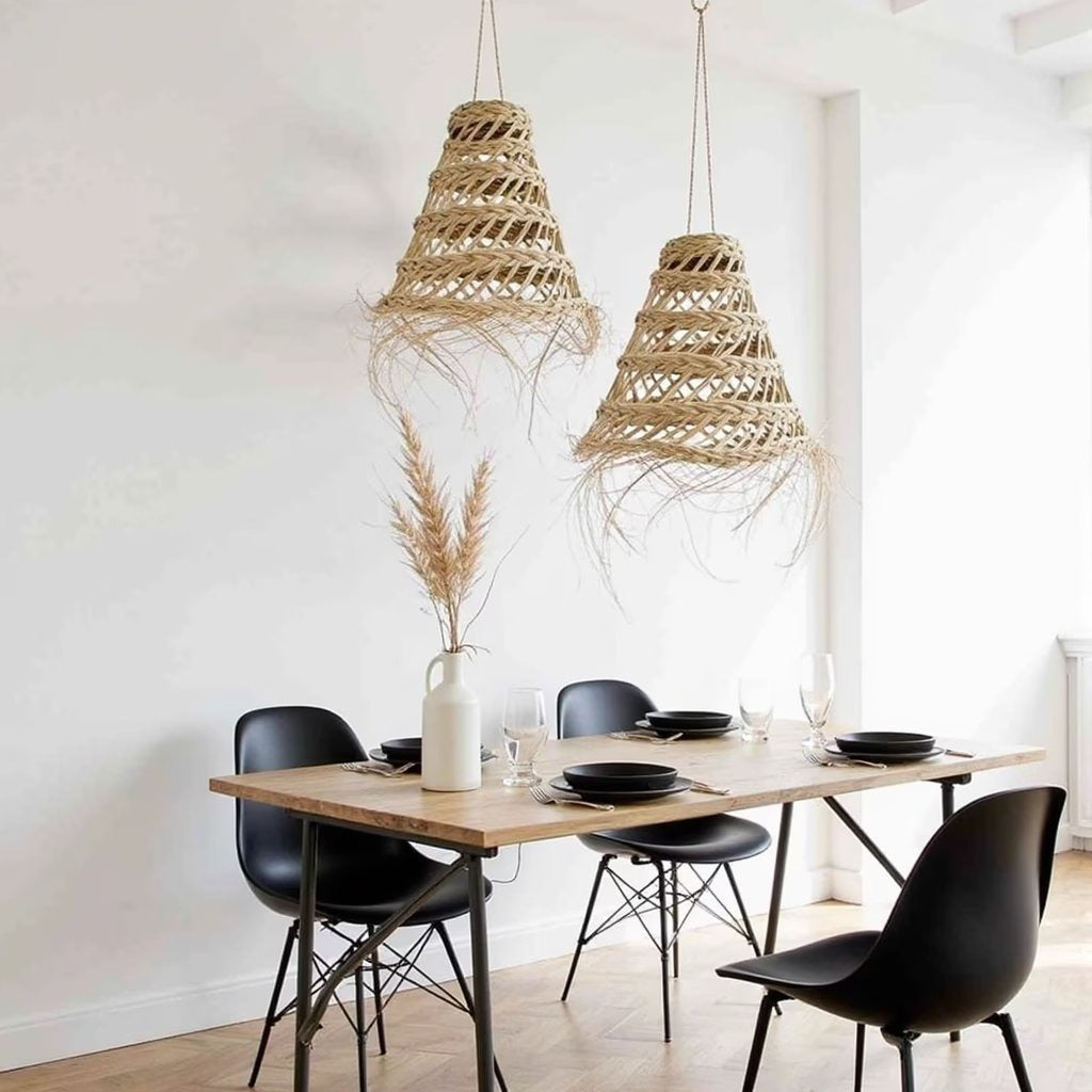 Handwoven straw pendant light 17 inch, natural fiber detail