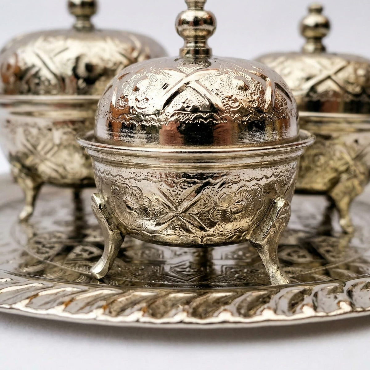 Hand-embossed silver-plated tea container set, 4-piece with footed bowls — image 8