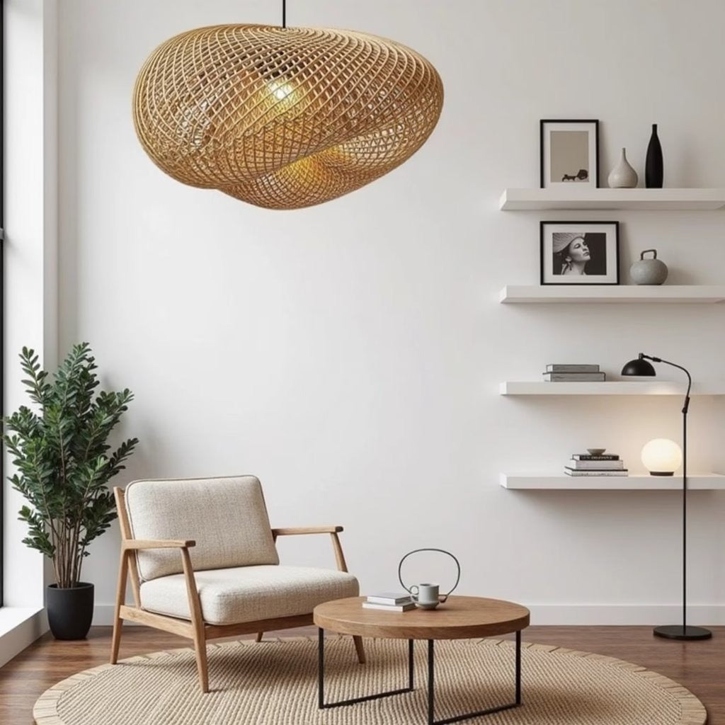 Organic wave rattan pendant lamp, close-up