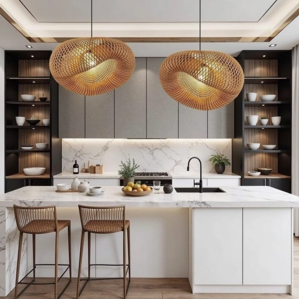 Organic wave rattan pendant lamp, installed view