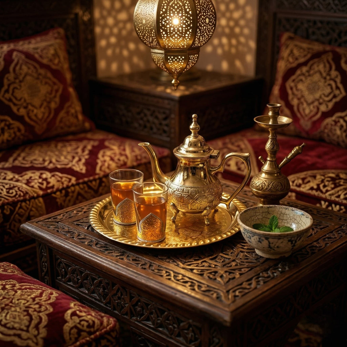 Brass Moroccan mini tea set for two, footed embossed teapot — image 7