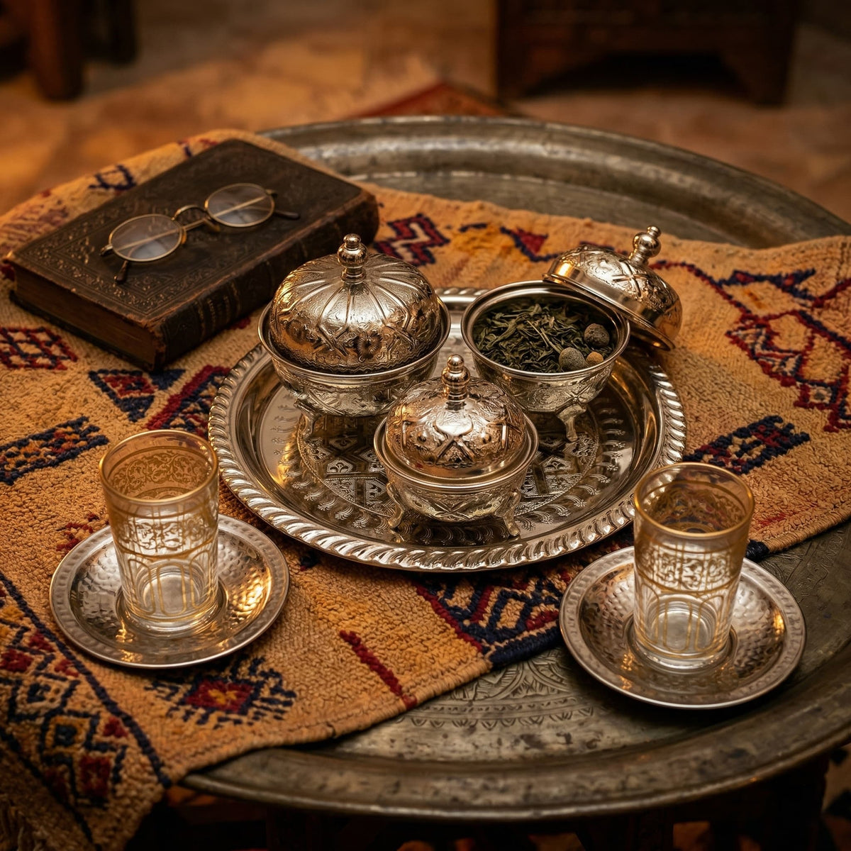Hand-embossed silver-plated tea container set, 4-piece with footed bowls — image 7
