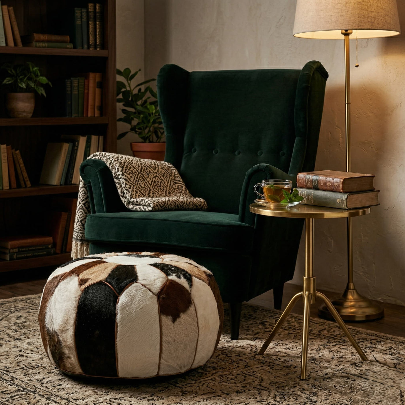 Cowhide patchwork ottoman beside a green velvet armchair and brass side table in a reading corner