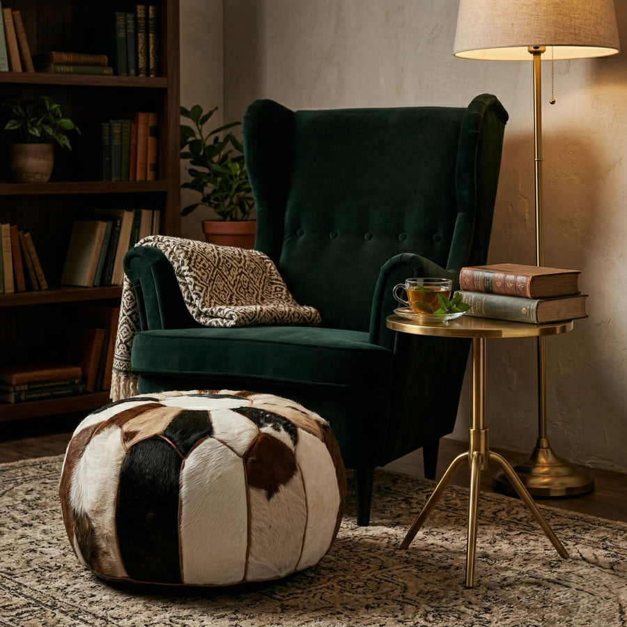 Cowhide patchwork ottoman beside a green velvet armchair and brass side table in a reading corner