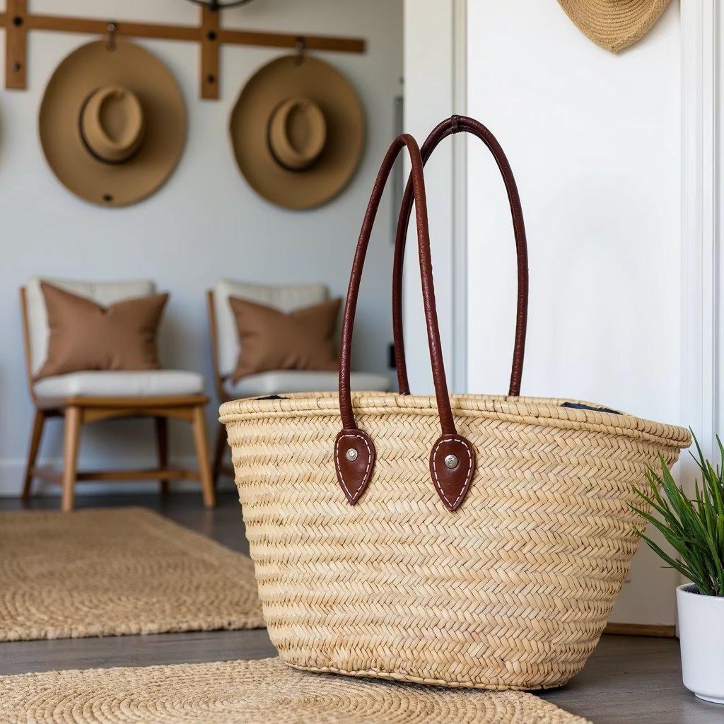 Moroccan straw basket tote with long leather handles standing on a jute rug in an entryway