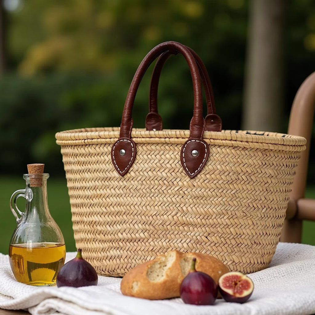 Moroccan palm leaf market basket on a garden table beside a bottle of oil, bread and fresh figs