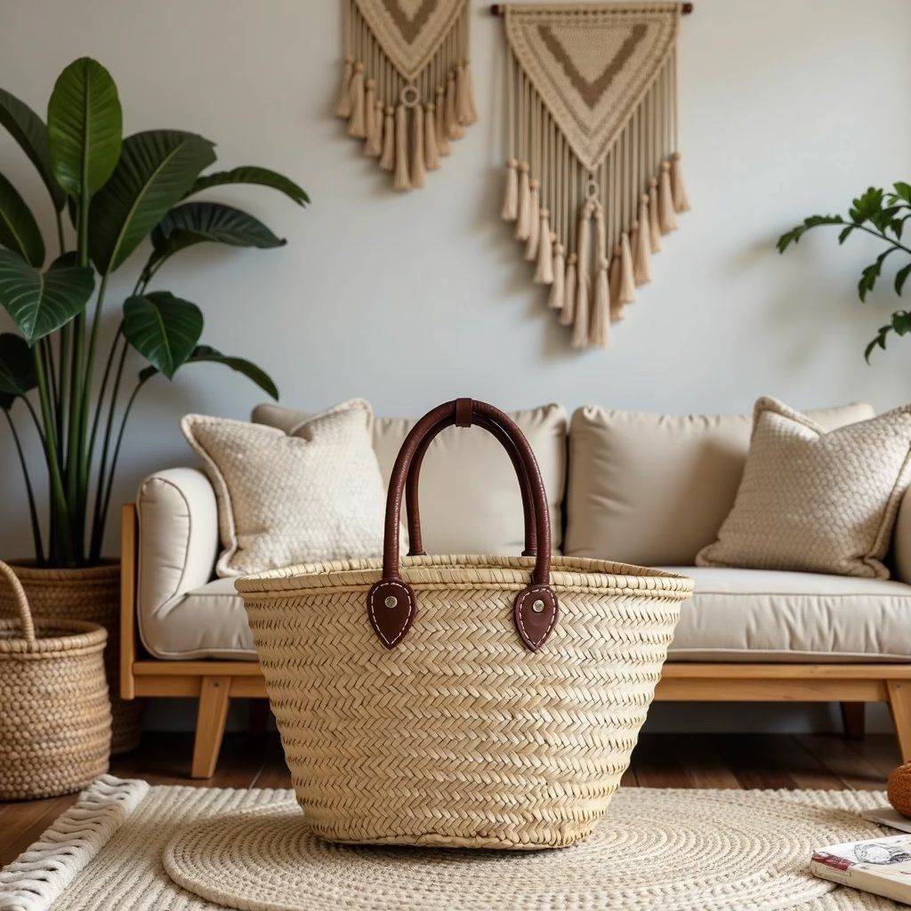 Herringbone woven palm leaf basket with short leather handles in front of a linen sofa