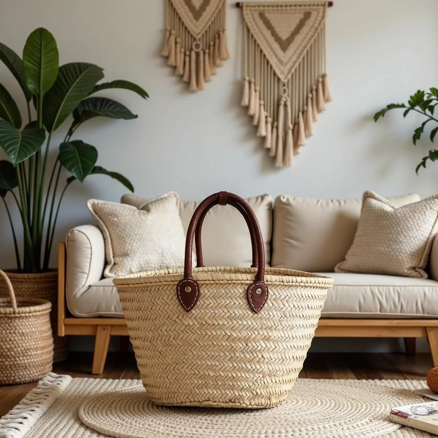 Herringbone woven palm leaf basket with short leather handles in front of a linen sofa
