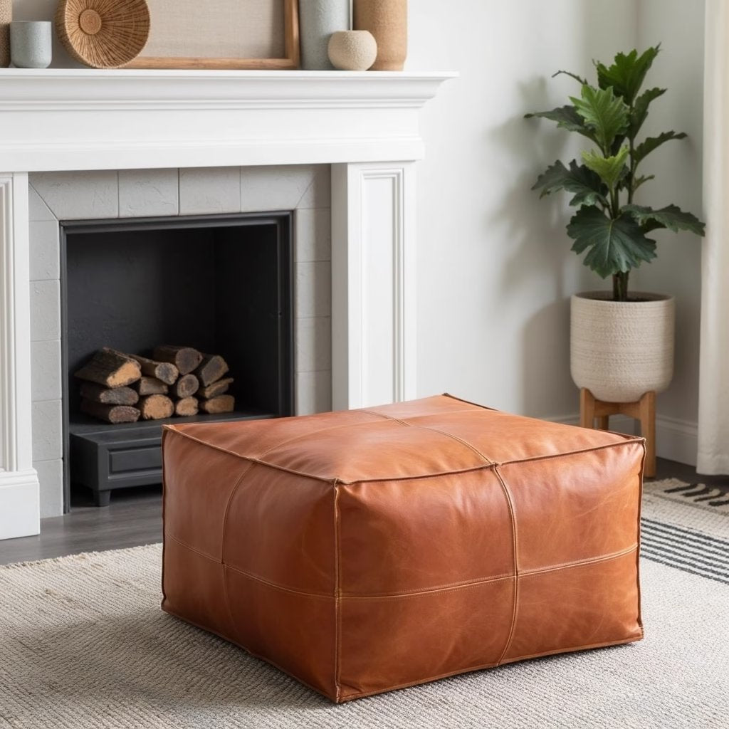 Tan square leather pouf used as a low table with a tray, books and a plant