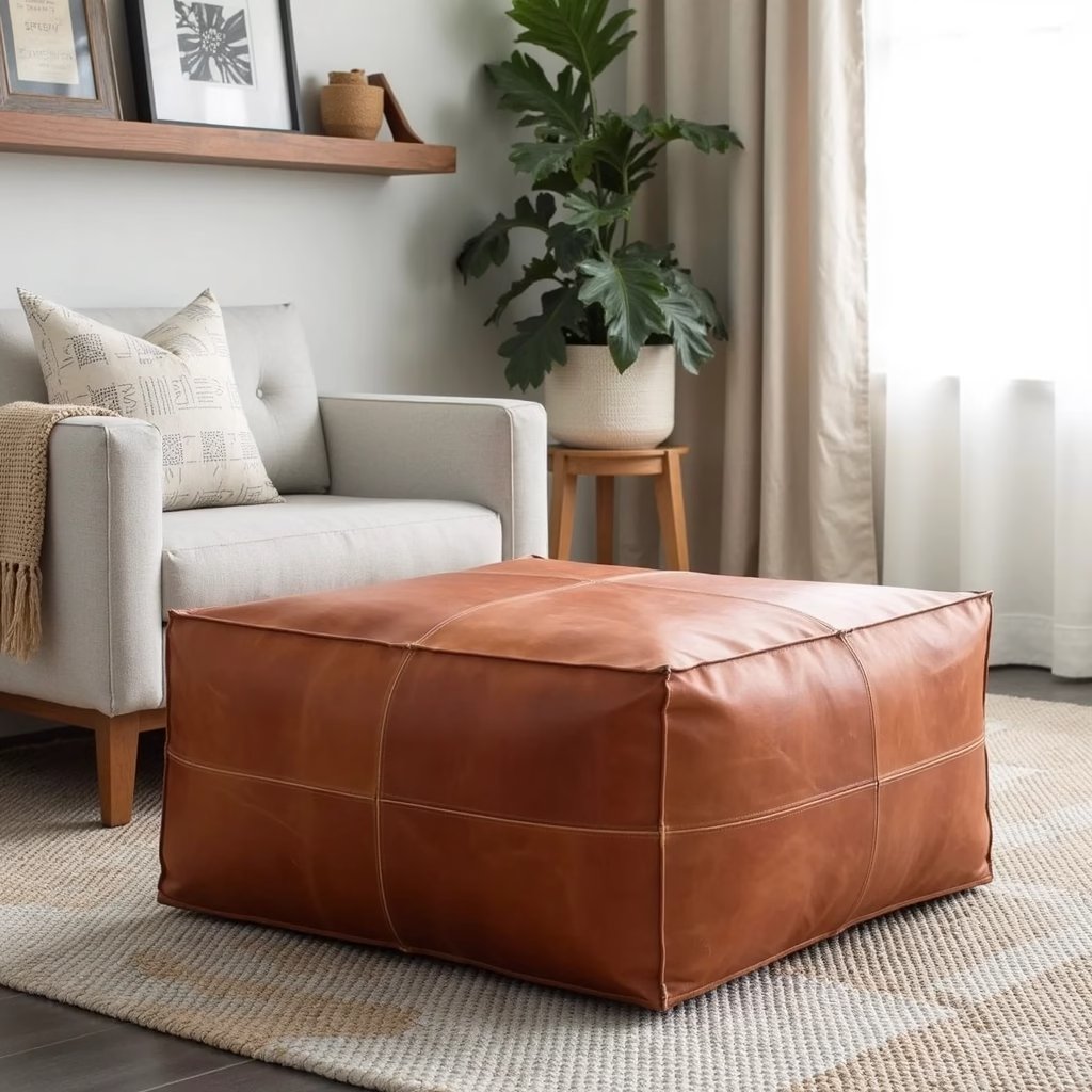 Tan square leather ottoman beside a cream armchair in a bright living room