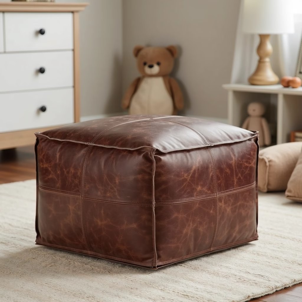 Tan square leather pouf with a serving tray in a modern living room