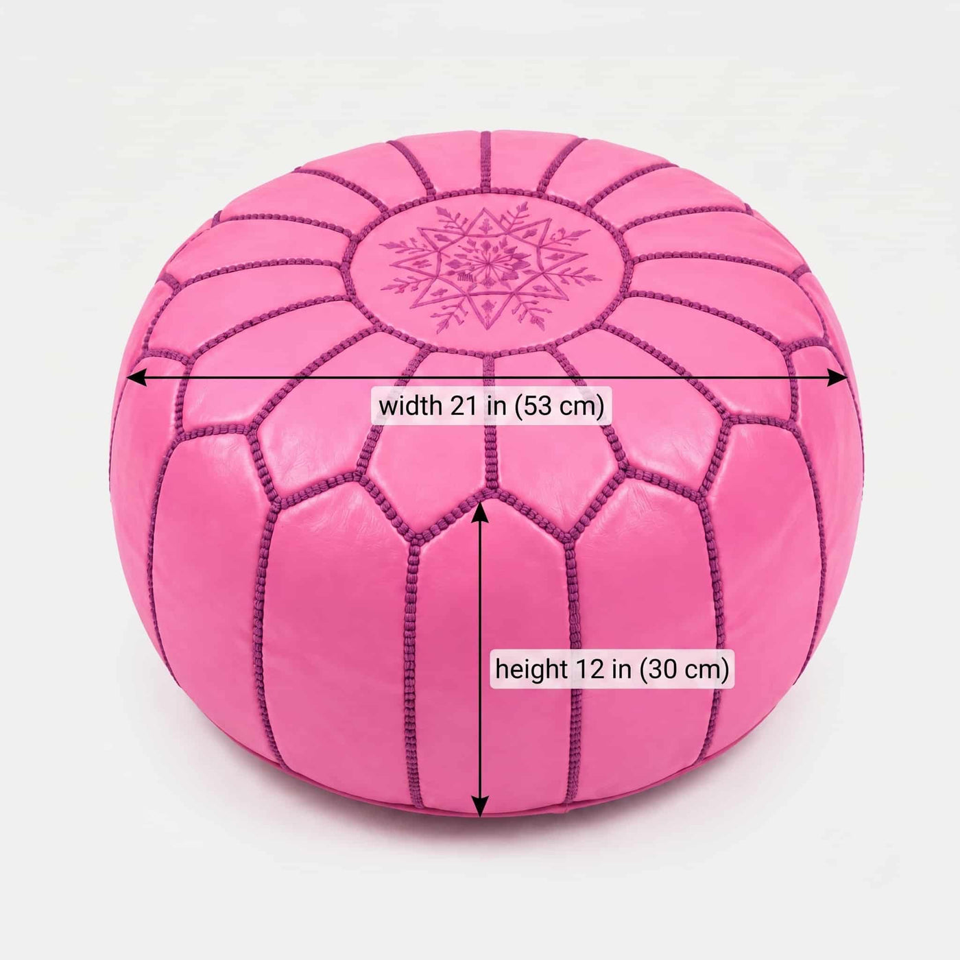 Dimension diagram of the pink leather round pouf: 21 in wide by 12 in tall (53 by 30 cm)