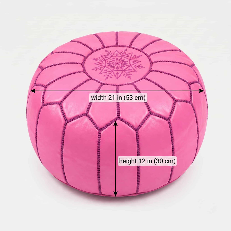 Dimension diagram of the pink leather round pouf: 21 in wide by 12 in tall (53 by 30 cm)