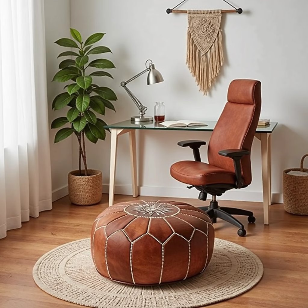Tan leather pouf on a jute rug beside a desk in a plant-filled home office