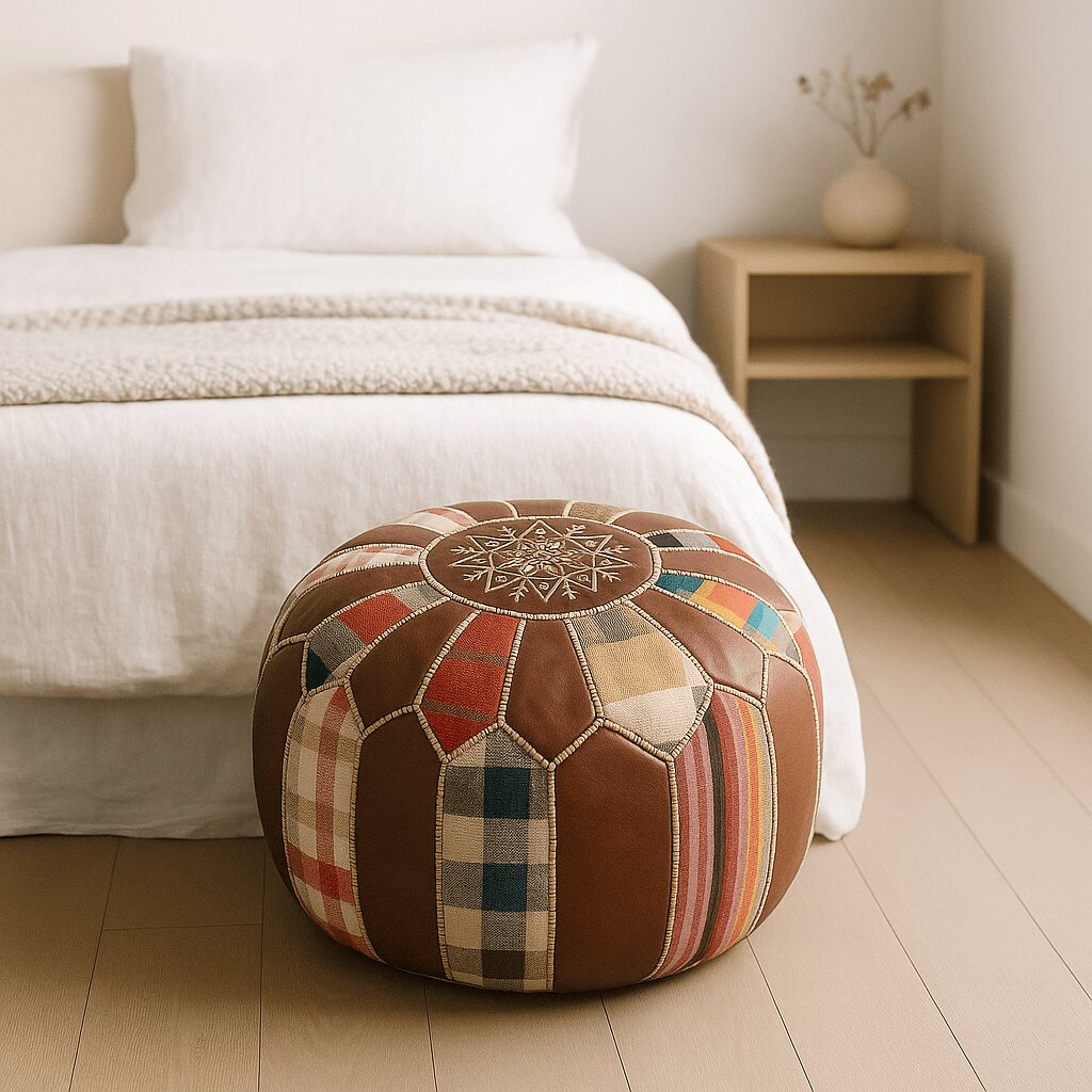 Patchwork leather pouf beside a natural wood nightstand in a soft minimalist bedroom