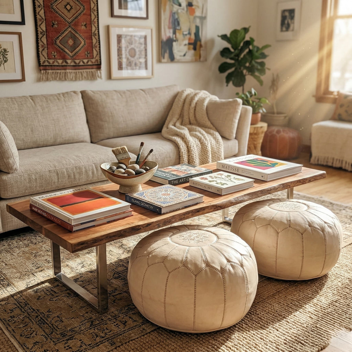 Natural cream leather pouf in a warm minimalist room