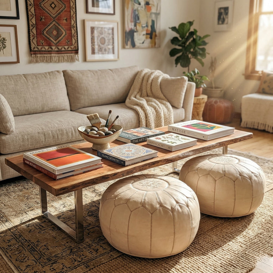 Natural cream leather pouf in a warm minimalist room