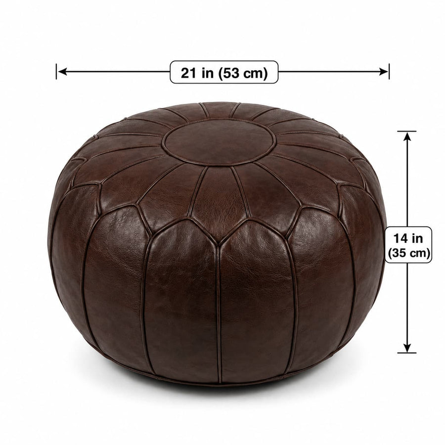 Chocolate brown full-grain leather round pouf with plain panels, on a plain white background