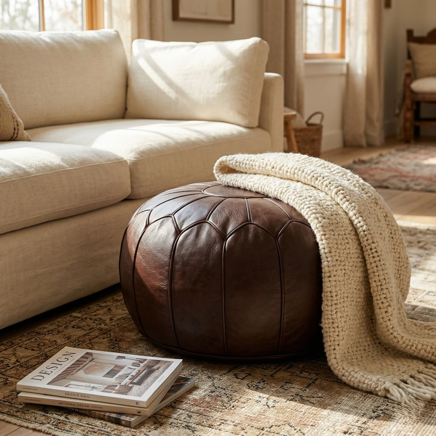 Dark brown leather pouf in a nursery beside a wooden rocking chair
