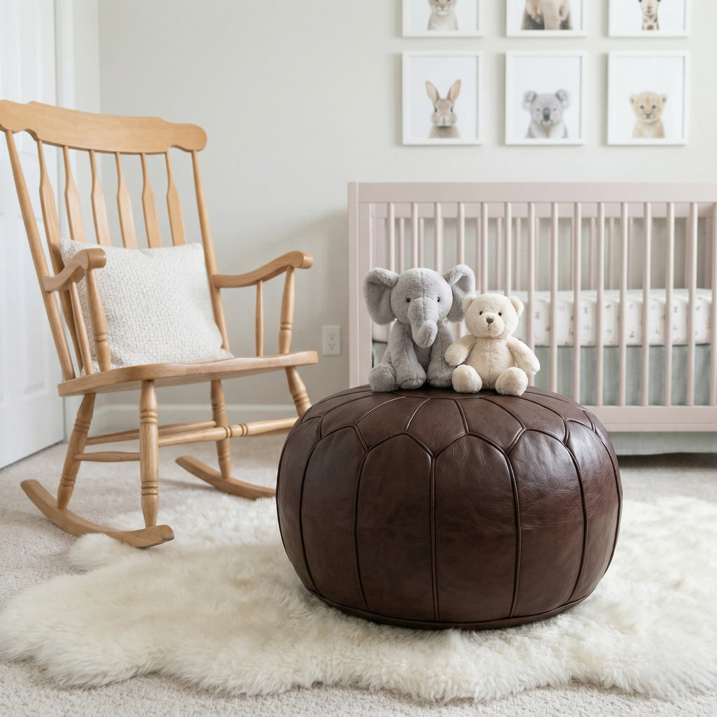Chocolate brown leather pouf on a patterned rug on an outdoor terrace