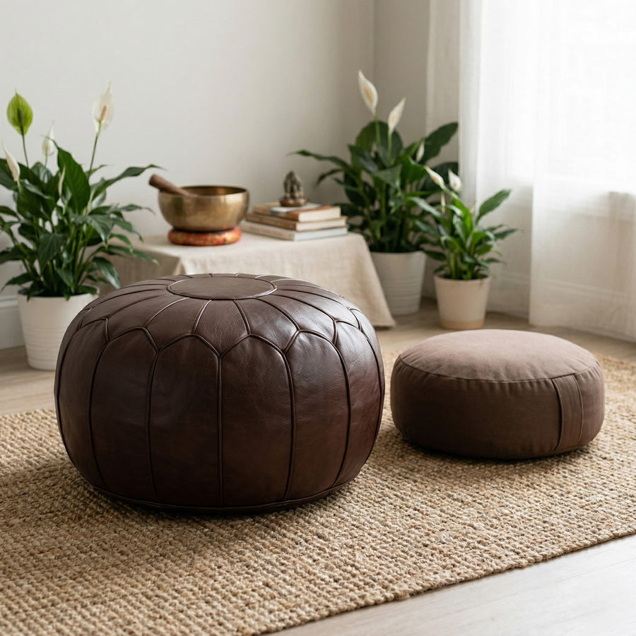 Close-up of the chocolate brown leather grain and recessed panel seams
