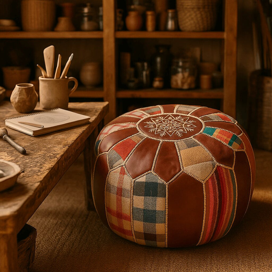 Round leather pouf with vibrant stitched patchwork panels in a pottery artist's workspace