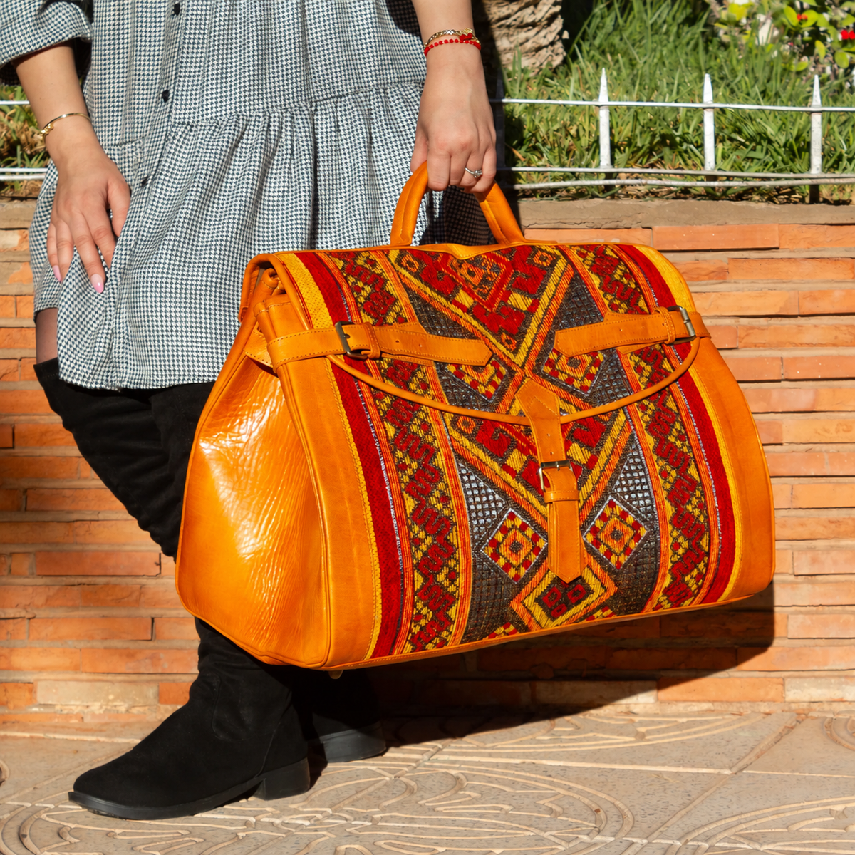 Handmade Moroccan Kilim Leather Weekender Bag – Large Travel Duffel