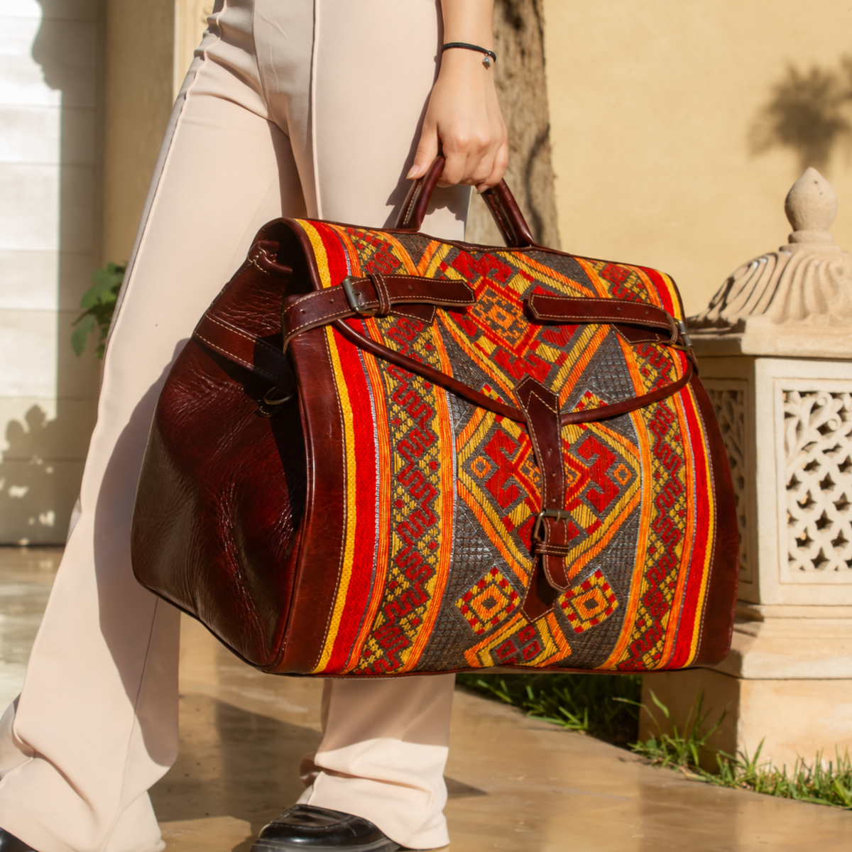 Handmade Moroccan Kilim Leather Weekender Bag – Large Travel Duffel