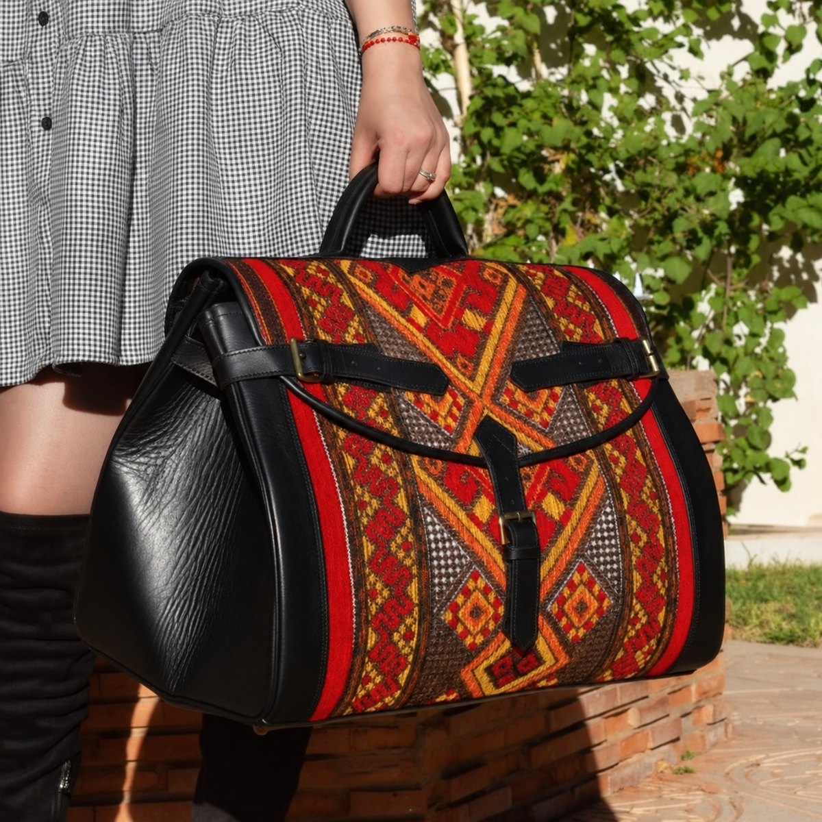 Handmade Moroccan Kilim Leather Weekender Bag – Large Travel Duffel