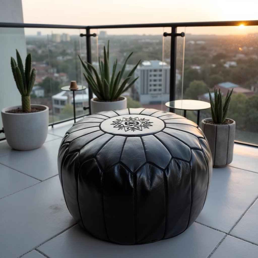 Black hand-stitched goatskin pouf, showing the panelled round silhouette