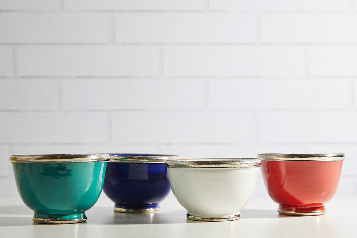 Moroccan Glazed Ceramic Bowl with Berber Silver Trim