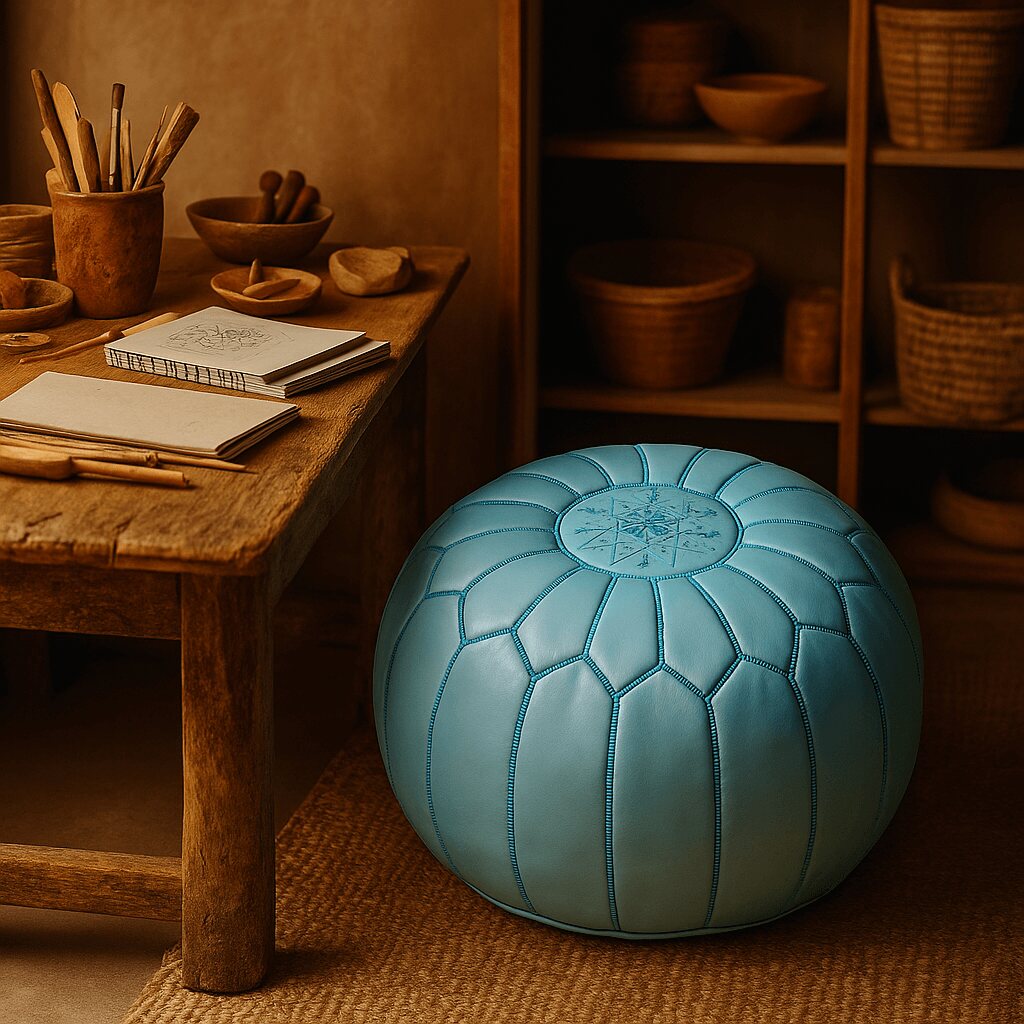 Sky blue Moroccan leather pouf in a rustic artisan studio with wooden hand tools, pottery and sketchbooks