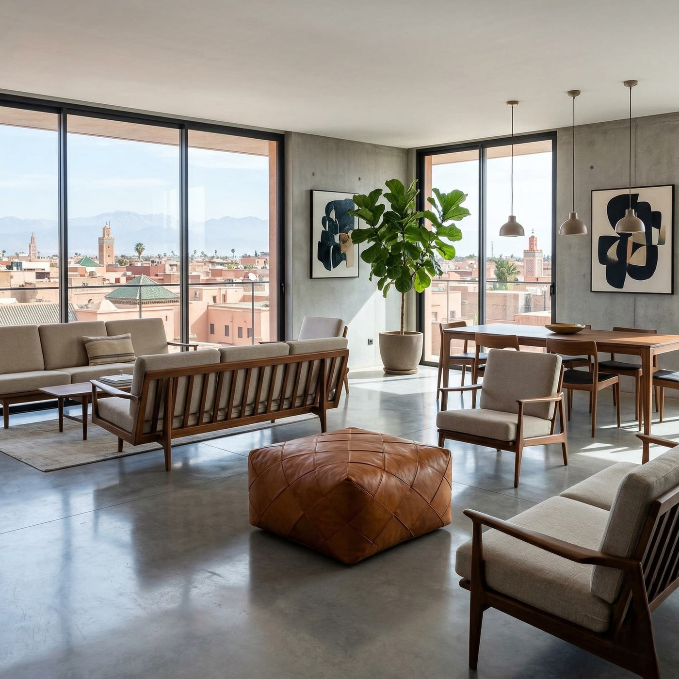 Square leather ottoman in a modern Marrakech apartment with mid-century seating and a view over the medina