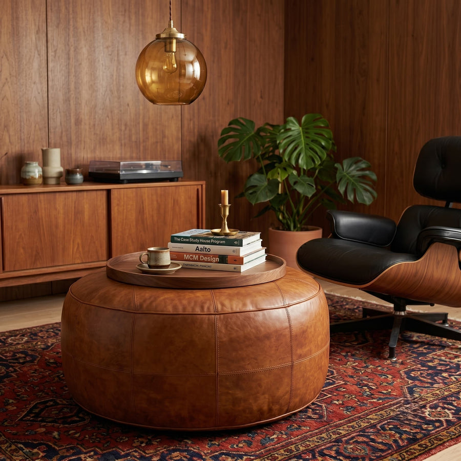 Oversized tan leather ottoman used as a mid-century modern coffee table with books and a tray