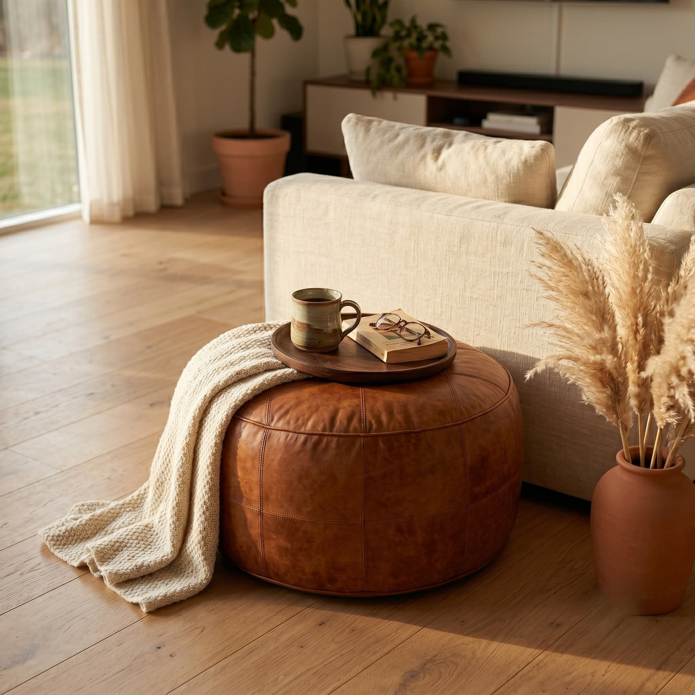 Tan leather floor ottoman topped with a serving tray in a styled living room
