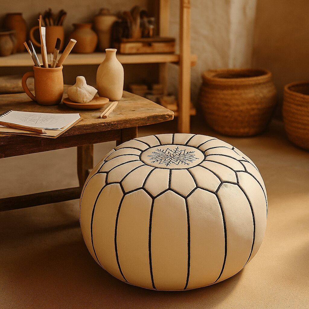 White leather pouf in an artisan studio beside a rustic workbench and pottery tools