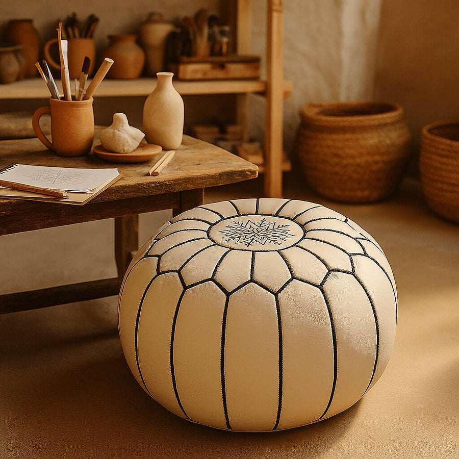 White leather pouf in an artisan studio beside a rustic workbench and pottery tools