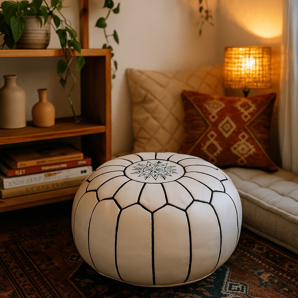 White leather pouf in a reading nook with a patterned rug, cushions and warm lamplight