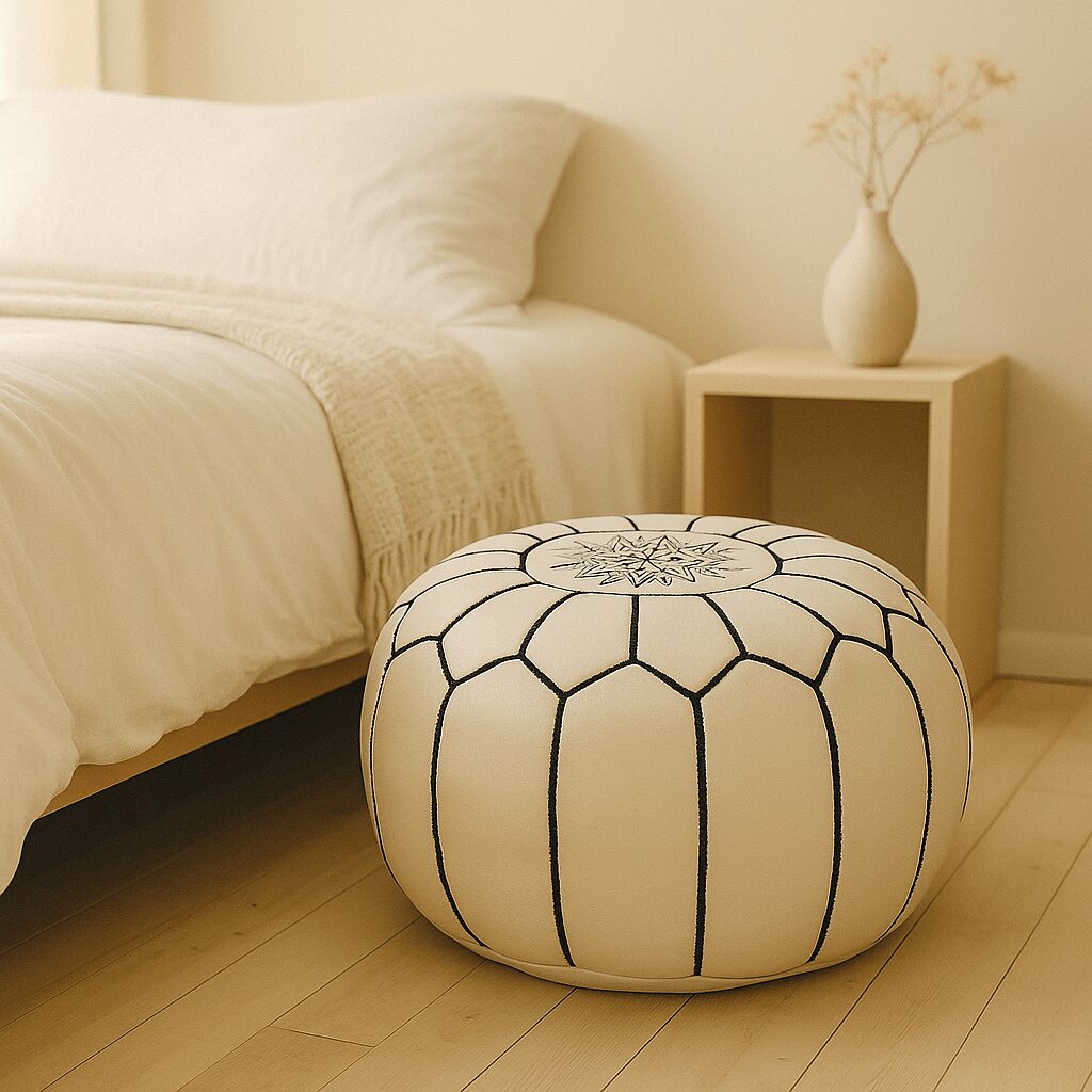 White leather pouf beside a bed in a minimalist bedroom with light wood flooring